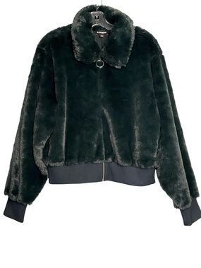 NWT Express Emerald Forest Green Plush Faux Fur Zip Front Bomber Jacket Sz L